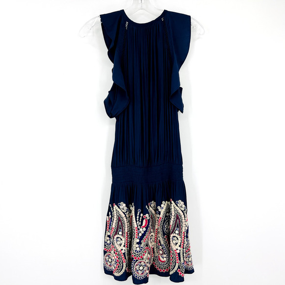 Ramy Brook Navy Blue Embroidered Smocked Waist Mini Dress size Small Flutter - Picture 9 of 10